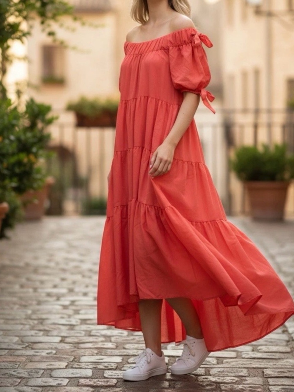 Anthropologie Coral Off-Shoulder Tiered Maxi Dress. Color (CORAL)